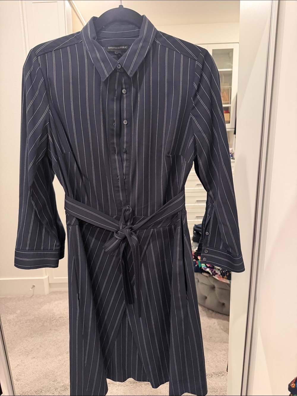 Banana Republic Navy Blue Pinstripe Shirt Dress with Tie Belt